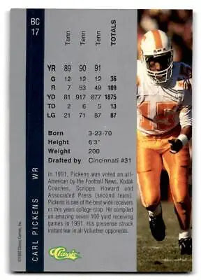 1992 Classic Four Sport BC17 Carl Pickens football trading card for collectors