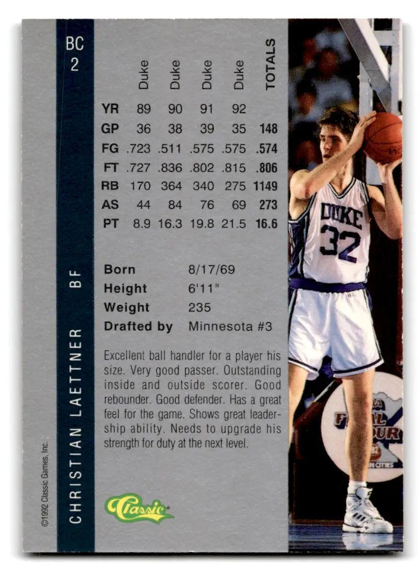 1992 Classic Four Sport #BC2 Christian Laettner Bonus Cards - Trading Cards