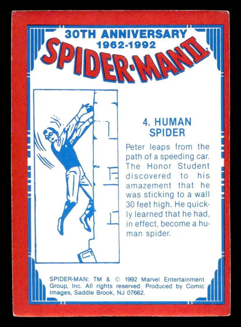 Back of a 1992 Spider-Man 30th Anniversary trading card featuring Human Spider artwork
