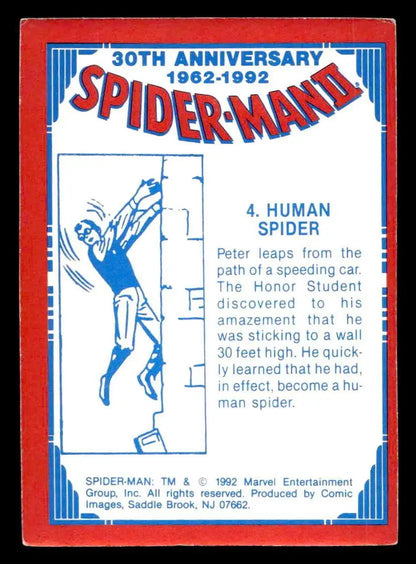 Back of a 1992 Spider-Man 30th Anniversary trading card featuring Human Spider artwork