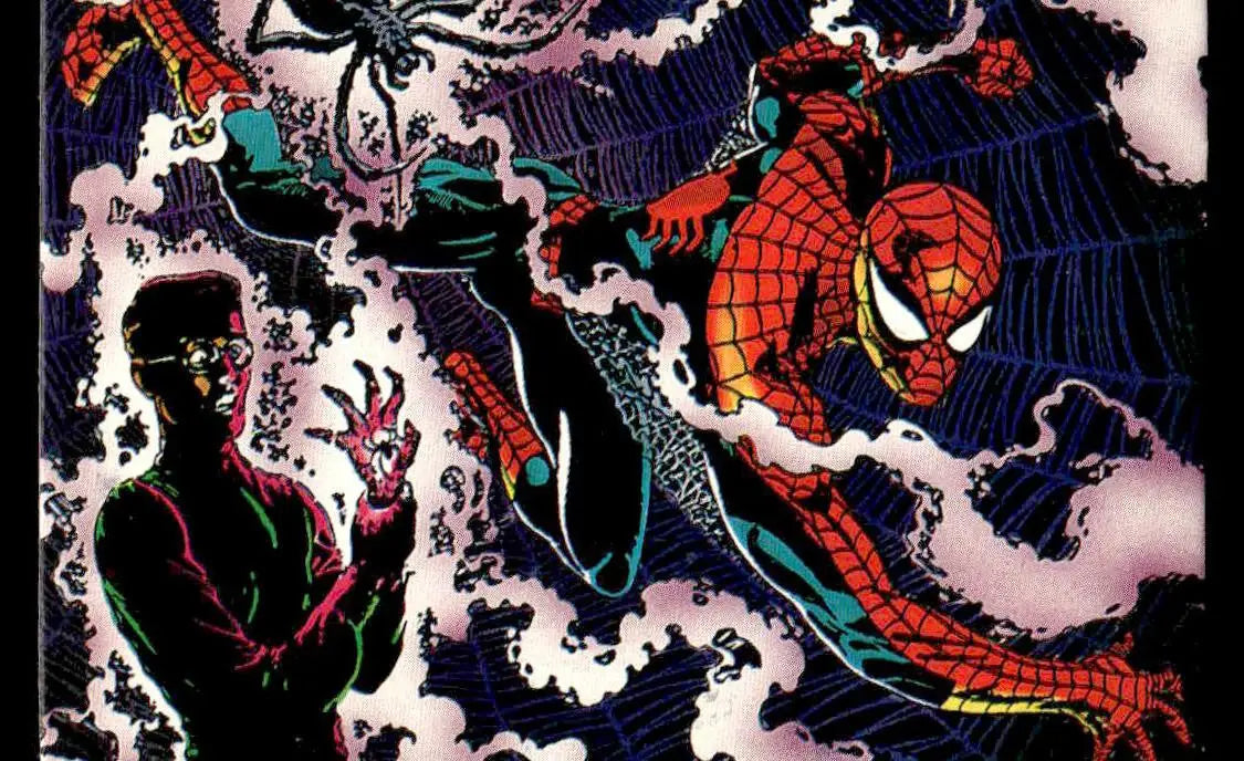 Comic images of Spider-Man, a dark figure with glasses, and a spider for 30th anniversary