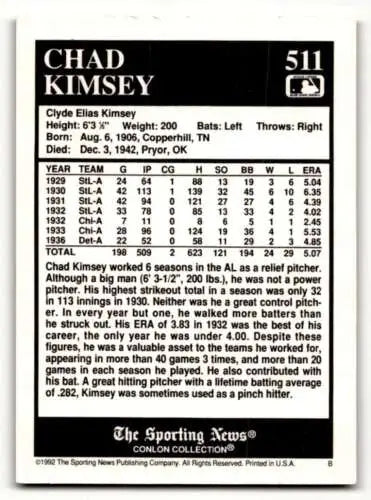 Chad Kimsey baseball card from 1992 Conlon Collection TSN with original gloss finish