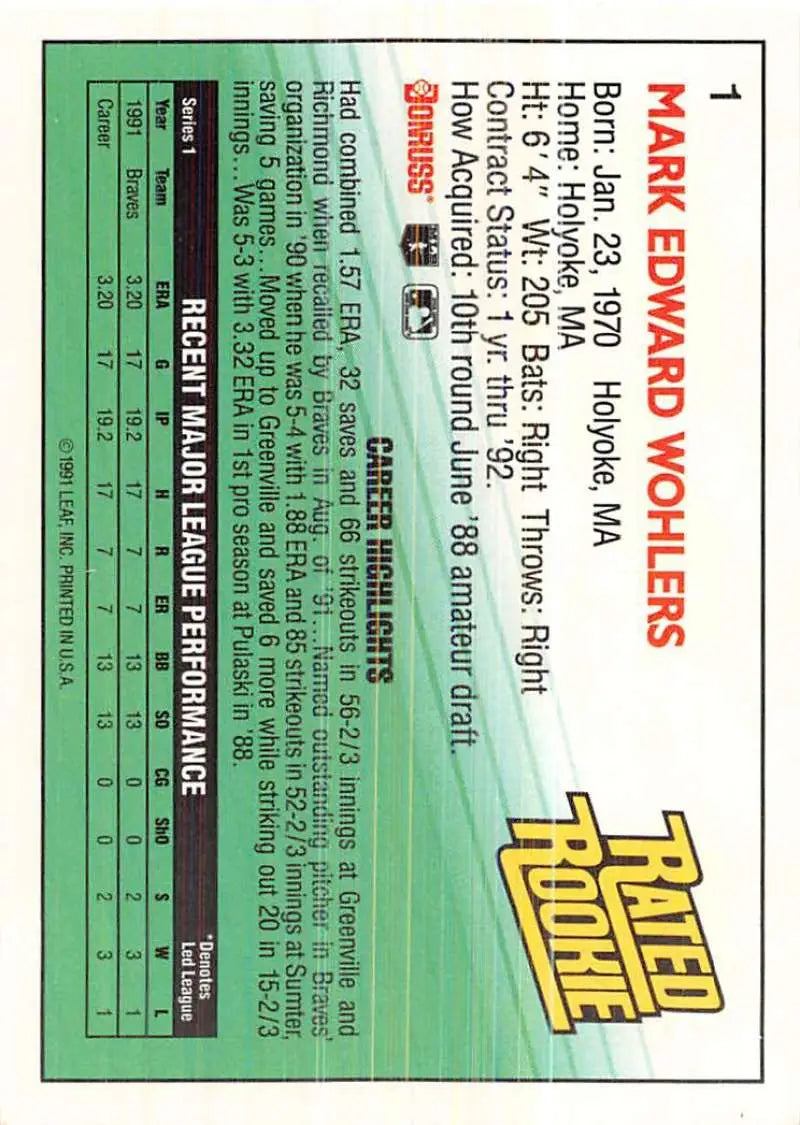 1992 Donruss Mark Wohlers Atlanta Braves baseball card with green background and gold text
