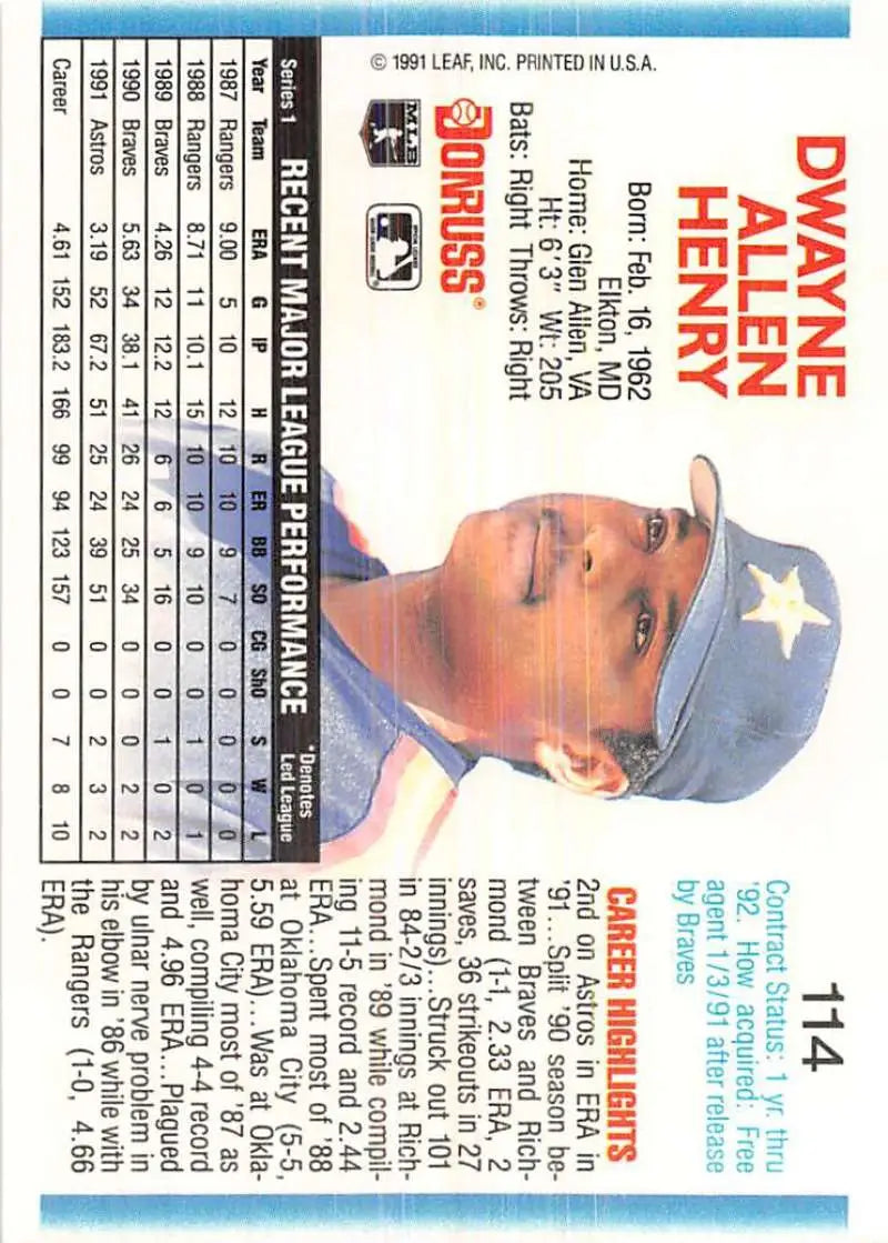 1992 Donruss #114 Dwayne Henry Houston Astros Baseball Card in NM-MT condition