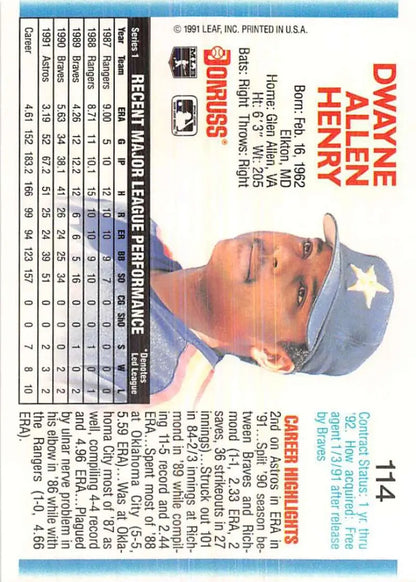 1992 Donruss #114 Dwayne Henry Houston Astros Baseball Card in NM-MT condition