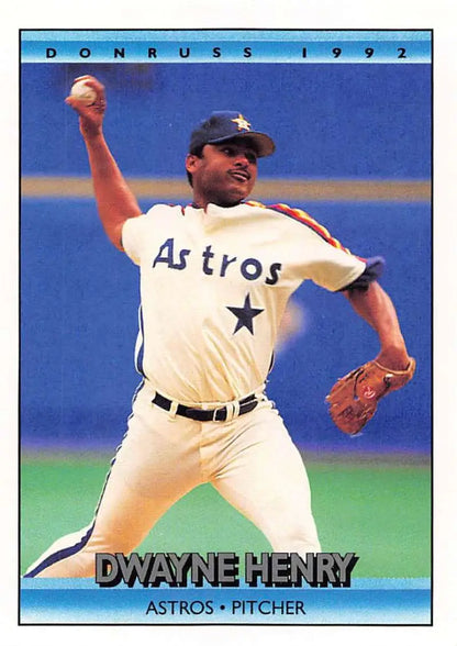 1992 Donruss Dwayne Henry Houston Astros Baseball Card showing pitcher in action