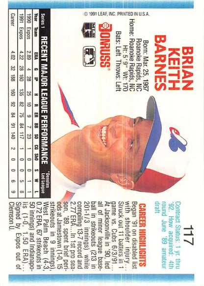 Baseball card of Brian Barnes in a blue cap for Montreal Expos collectors