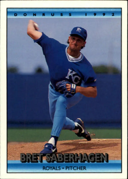 Bret Saberhagen in mid-delivery for Kansas City Royals baseball card 1992 Donruss #128