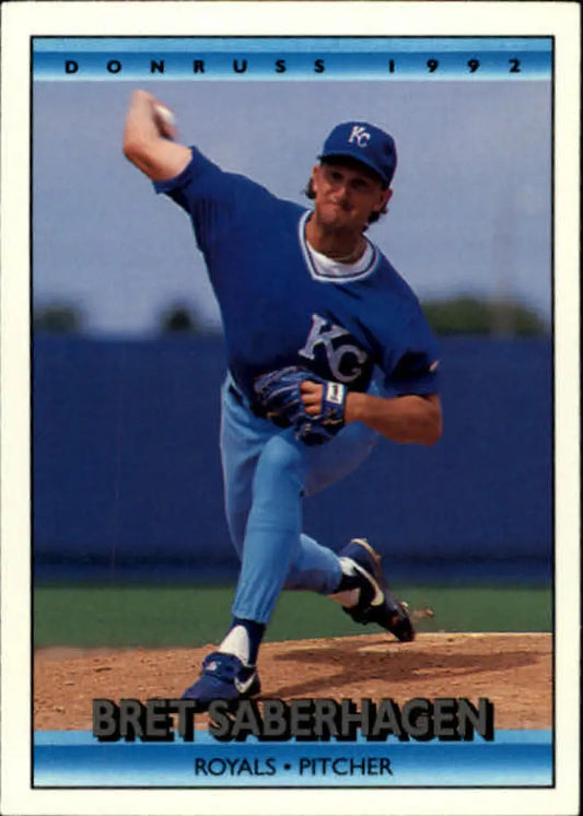 Bret Saberhagen in mid-delivery for Kansas City Royals baseball card 1992 Donruss #128