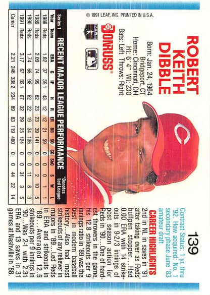 Rob Dibble Cincinnati Reds Baseball Card with player in red cap from 1992 Donruss