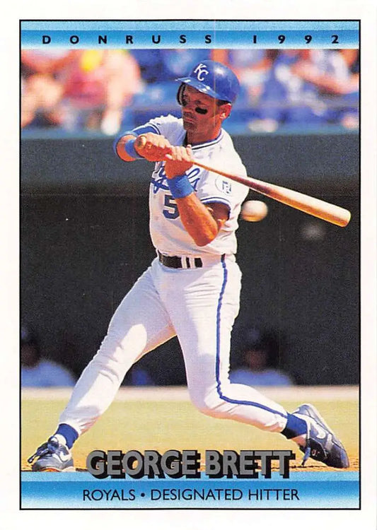 George Brett card showcasing Kansas City Royals designated hitter swinging in white uniform