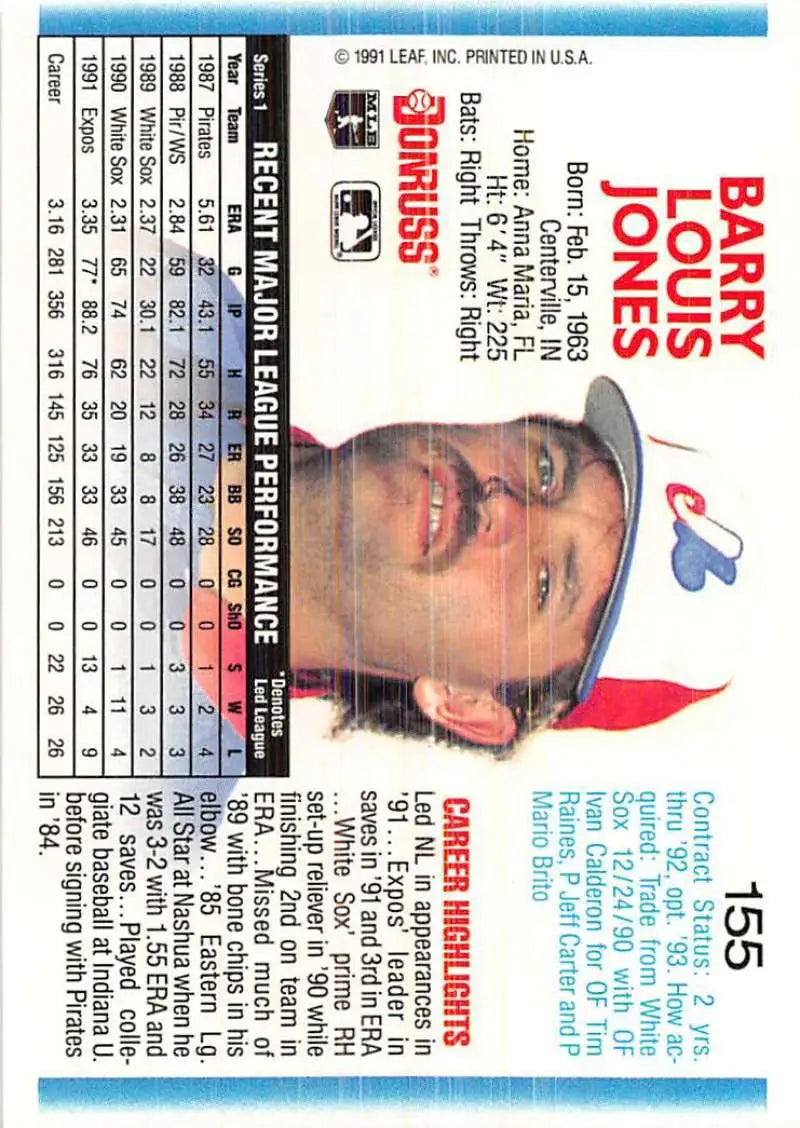 1992 Donruss #155 Barry Jones card featuring Montreal Expos player in NM-MT condition
