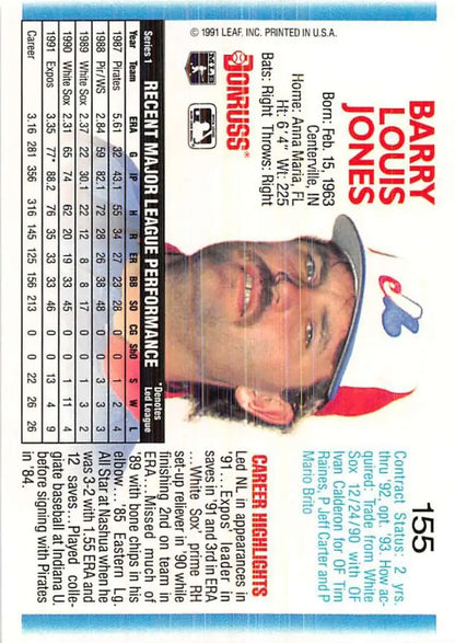 1992 Donruss #155 Barry Jones card featuring Montreal Expos player in NM-MT condition