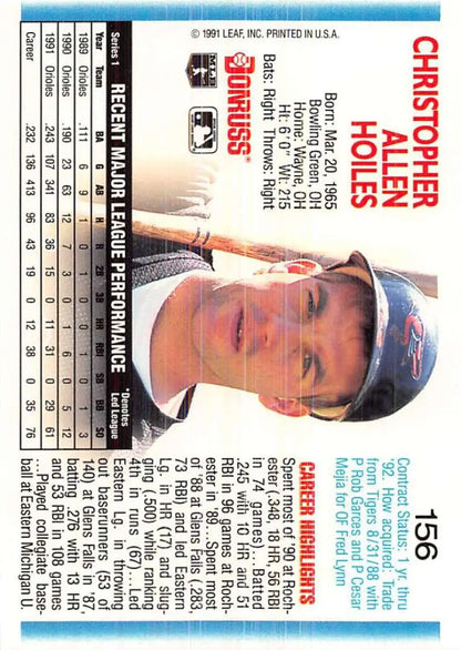 1992 Donruss #156 Chris Hoiles NM-MT Baltimore Orioles Baseball Card featuring player