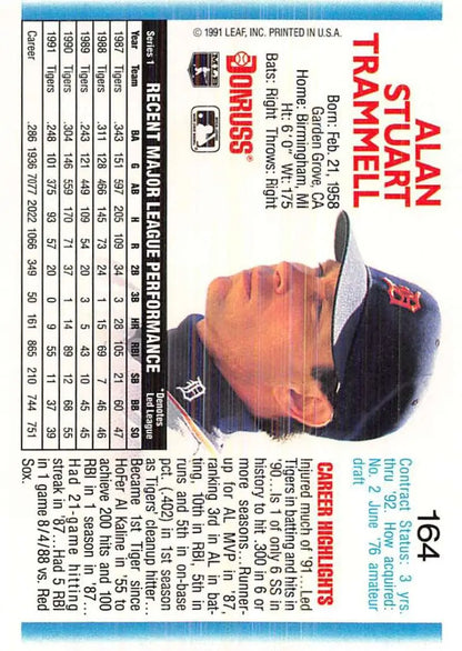 1991 Leaf Baseball Trading Card of Alan Trammell, Detroit Tigers player