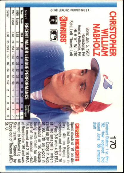 1992 Donruss #170 Chris Nabholz NM-MT Montreal Expos Baseball Card image