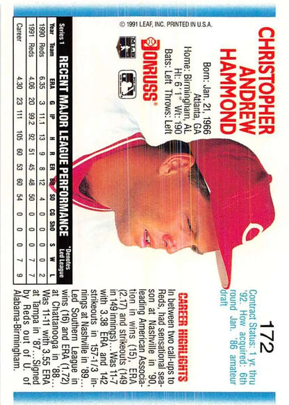 Vintage 1992 Donruss Baseball Card featuring Chris Hammond in Cincinnati Reds cap
