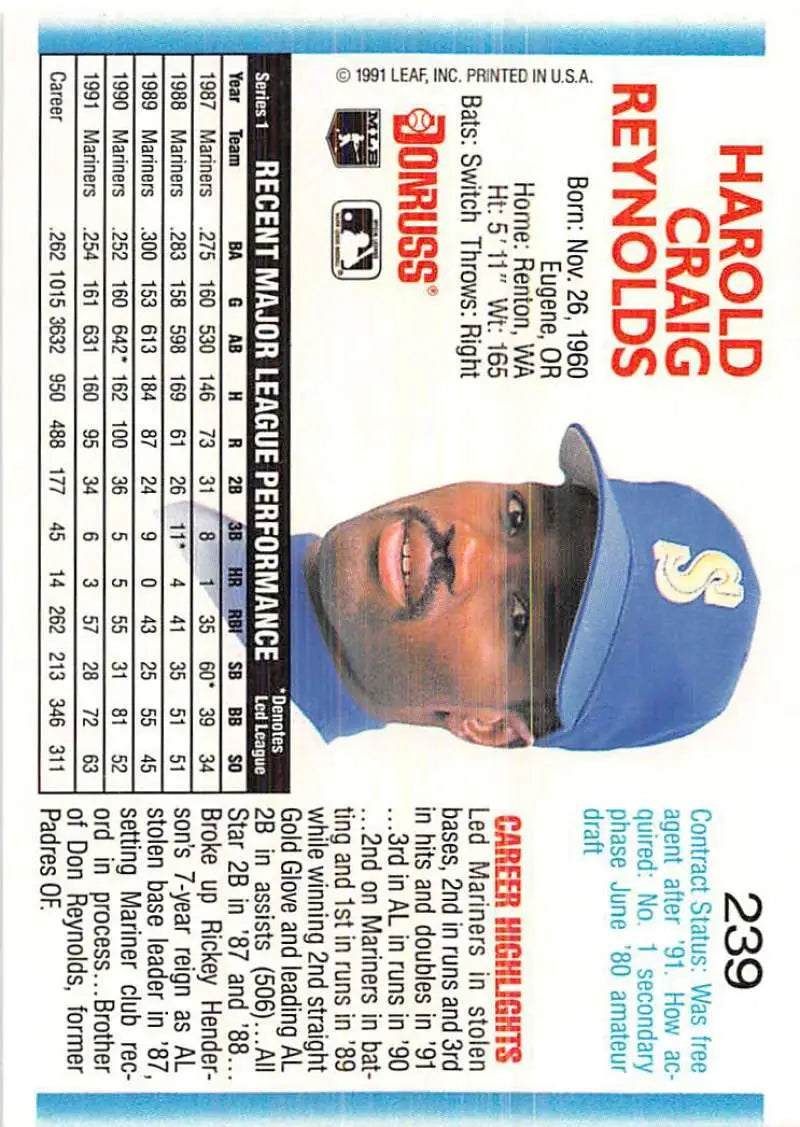 1992 Donruss Harold Reynolds Baseball Card featuring Seattle Mariners player in blue cap