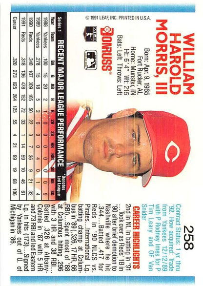 Baseball card of Hal Morris in red cap, Cincinnati Reds 1992 Donruss #258