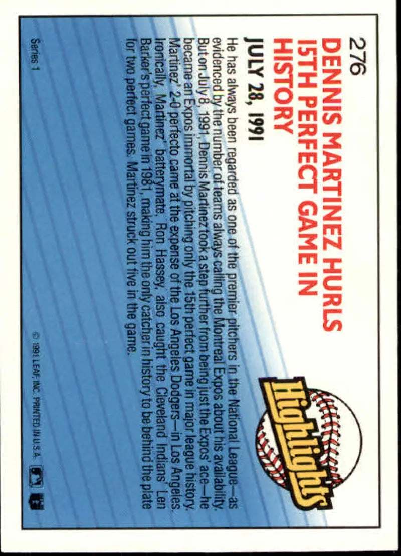 1992 Donruss Dennis Martinez Montreal Expos Baseball Card with stats and team logo