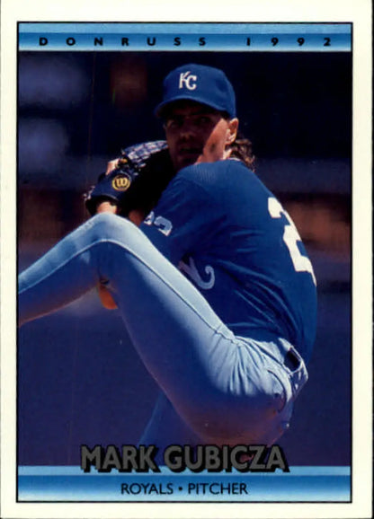 Baseball card of Mark Gubicza mid-delivery for Kansas City Royals, 1992 Donruss #282
