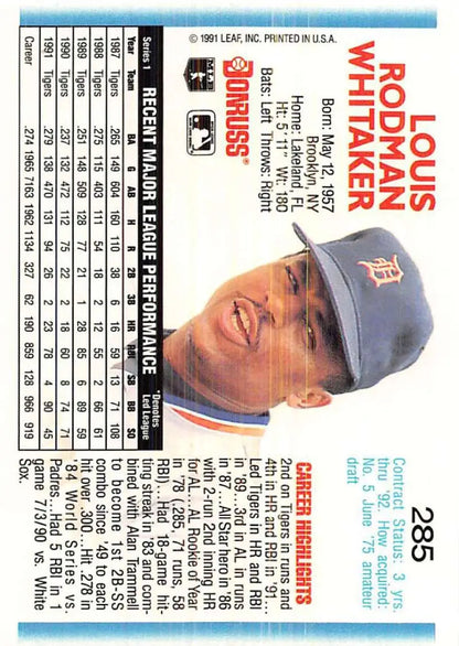 Lou Whitaker smiling in Detroit Tigers cap on 1992 Donruss baseball card