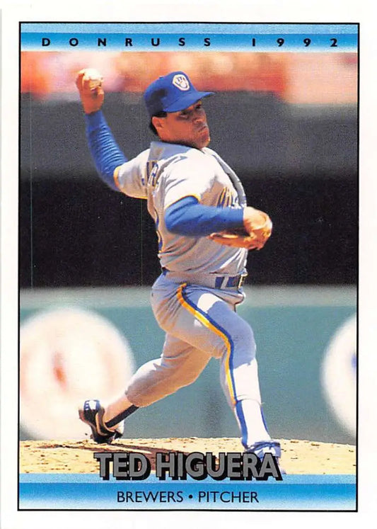 1992 Donruss #294 Teddy Higuera Milwaukee Brewers baseball card in mid-throwing motion