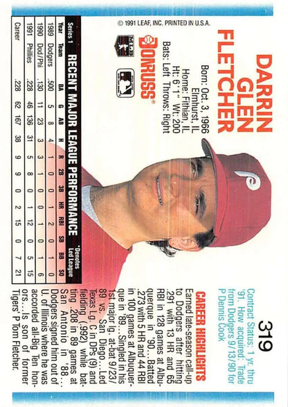 Baseball card of Darrin Fletcher, Cincinnati Reds player in red cap, Philadelphia Phillies