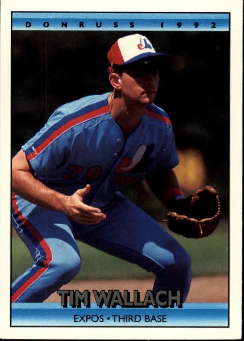 Baseball card of Tim Wallach in blue Montreal Expos uniform with red accents