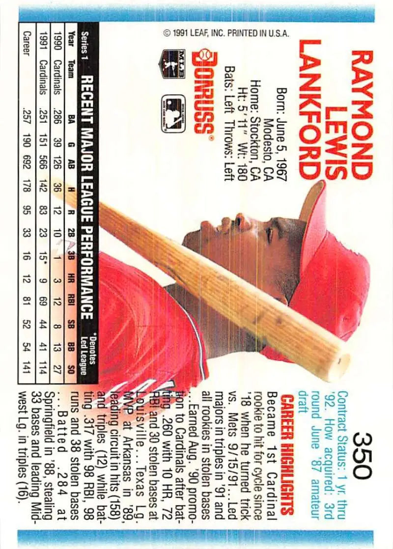 Baseball trading card of Ray Lankford sliding into base in St. Louis Cardinals uniform