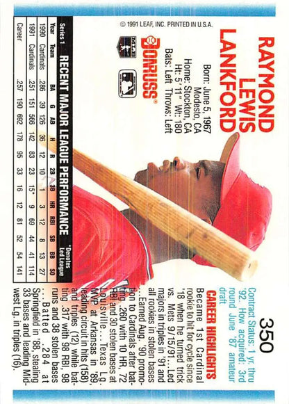 Baseball trading card of Ray Lankford sliding into base in St. Louis Cardinals uniform