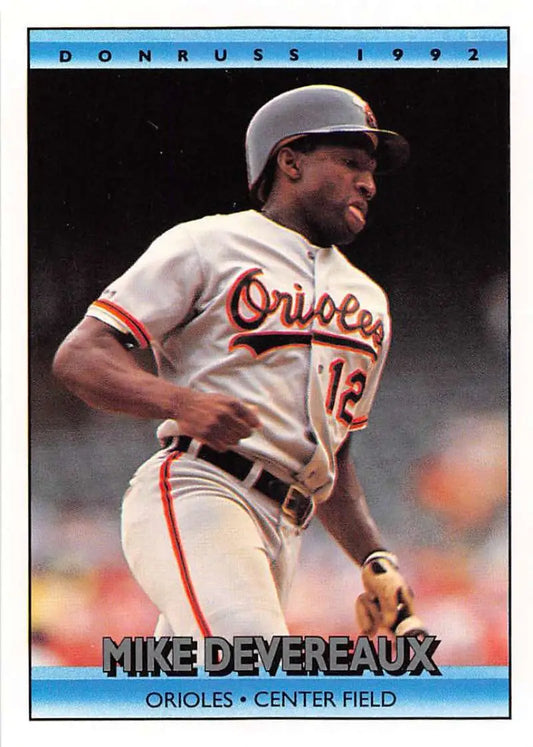 1992 Donruss baseball card of Mike Devereaux in white Baltimore Orioles uniform