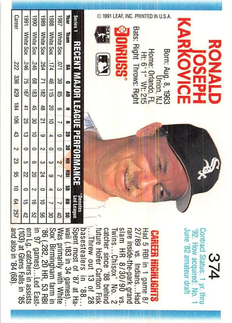 1991 Baseball trading card of Ron Karkovice from the Chicago White Sox
