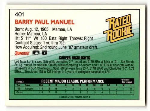 Barry Manuel Texas baseball card with original gloss from 1992 Donruss Texas Rangers