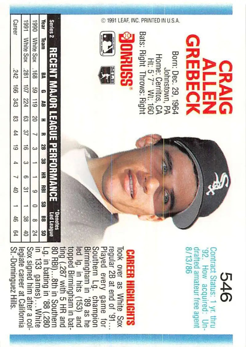 Chicago White Sox baseball card of Craig Grebeck in black cap, 1992 Donruss