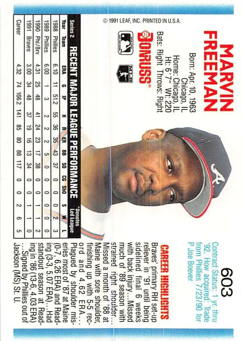 1992 Donruss #603 Marvin Freeman Atlanta Braves Baseball Card showcased in mint condition