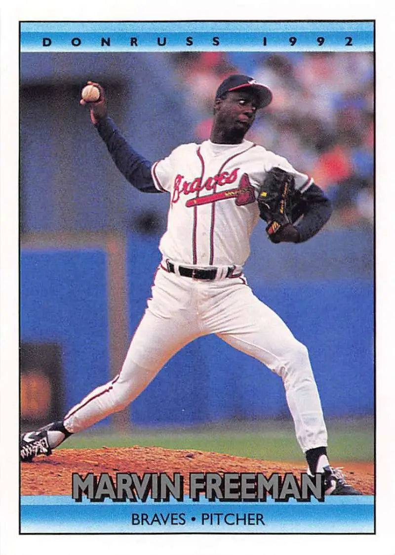 Marvin Freeman in Atlanta Braves uniform pitching during a game on baseball card