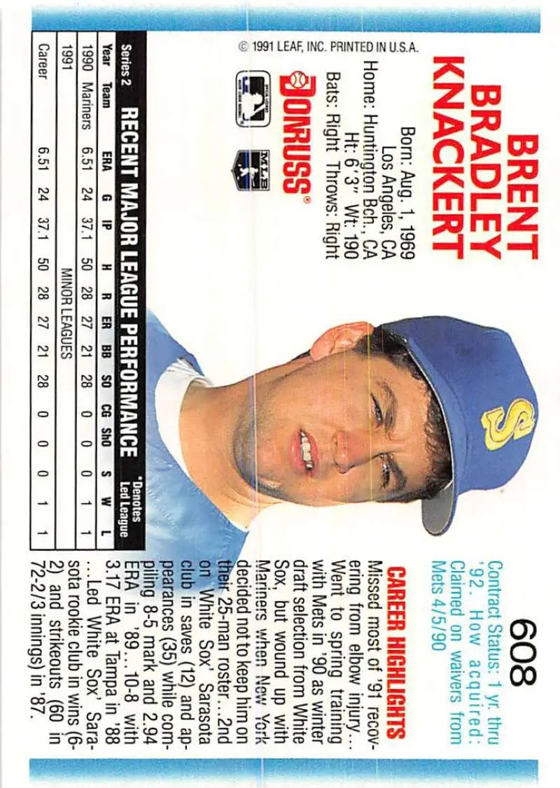 Baseball card of Brent Knackert, a Seattle Mariners player in a blue cap