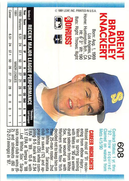 Baseball card of Brent Knackert, a Seattle Mariners player in a blue cap