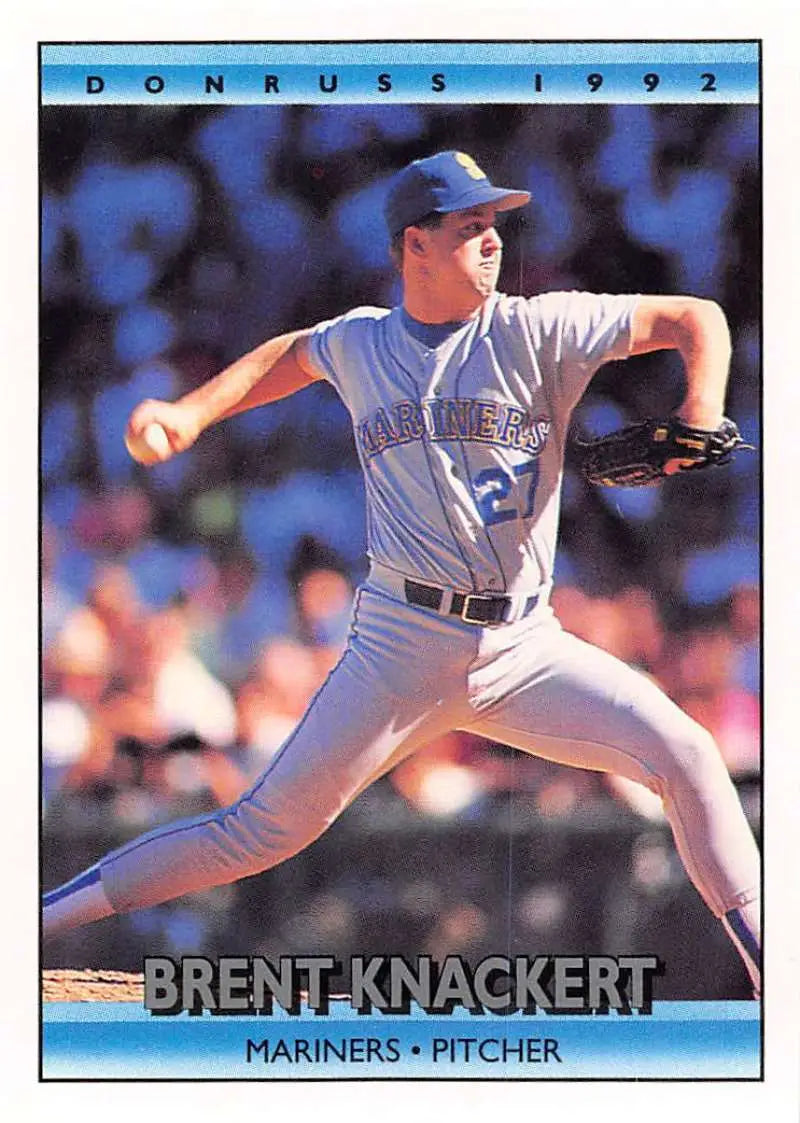 1992 Donruss Brent Knackert Seattle Mariners Baseball Card in mid-throw motion