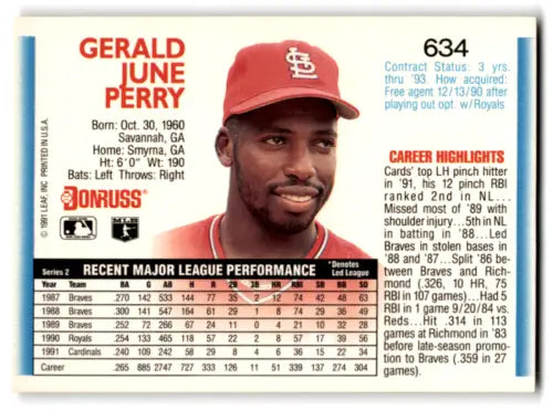 Gerald Perry 1992 Donruss #634 NM Mint Cardinals baseball card with original gloss