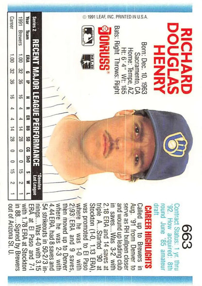 Baseball card of Doug Henry, Milwaukee Brewers player in navy cap with team logo