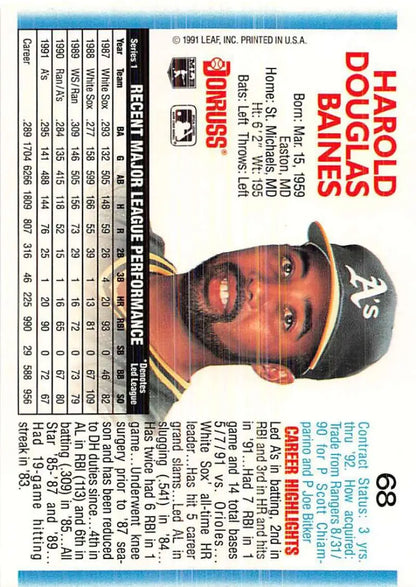 1992 Donruss Harold Baines baseball card featuring Oakland Athletics logo and player