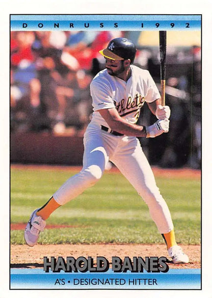 Baseball player Harold Baines in Oakland Athletics uniform at bat during a game