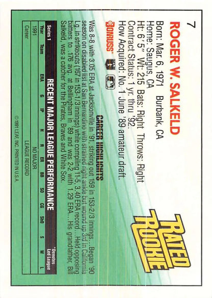 Baseball card featuring Roger Salkeld with green background and gold Topps logo