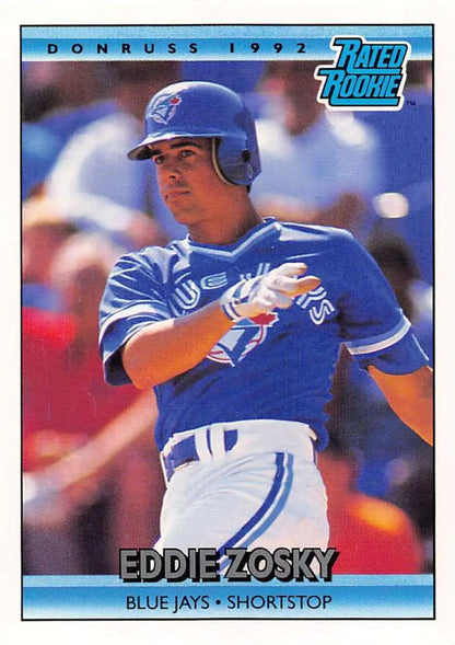 1992 Donruss baseball card of Eddie Zosky, Toronto Blue Jays shortstop in blue uniform