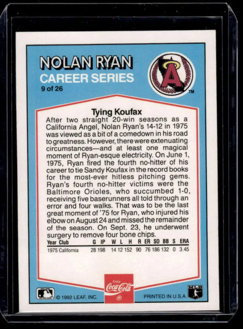 Nolan Ryan California Angels Baseball Card showcasing career statistics and achievements