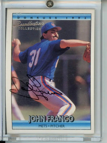 Signed John Franco baseball card from Donruss Recollection Collection in blue Mets uniform