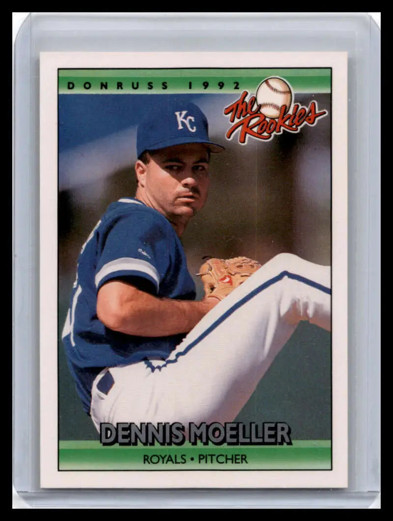 1992 Donruss baseball card of Dennis Moeller in pitching stance for Kansas City Royals