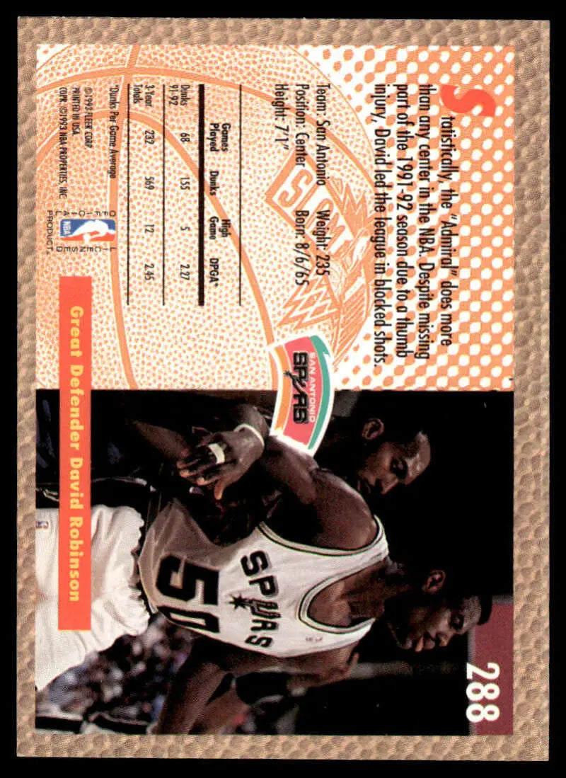 1992 Fleer #288 David Robinson Basketball Card for San Antonio Spurs collectors